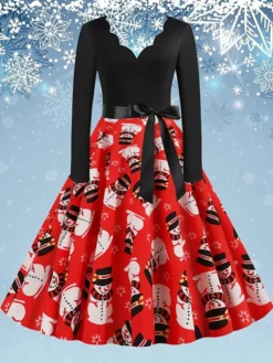 Women's Christmas Swing Dress Vintage DressKnee Length Dress Green Blue Wine Light Red Dark Green Red Long Sleeve Floral Snowman Tree Bow Print Fall Winter V Neck Vintage Fashion Casual 2022 S M L -Fashion Life Shop srwuov1668077080816