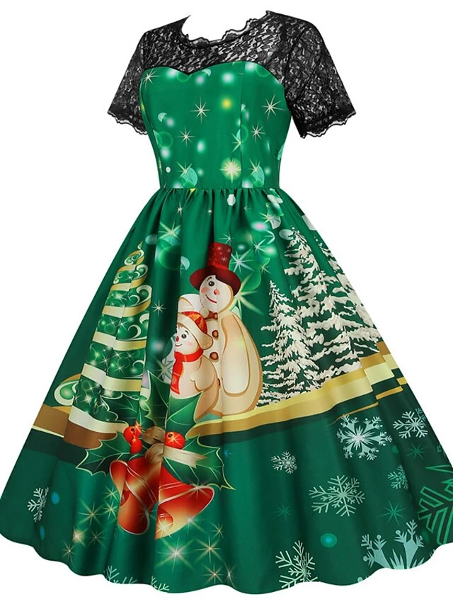 Women's Christmas Swing Dress Vintage DressKnee Length Dress Green Wine Dark Green Fuchsia Red Black Short Sleeve Santa Claus Snowman Snowflake Lace Print Fall Winter V Neck Vacation Vintage 2022 S 9 Women's Christmas Swing Dress Vintage DressKnee Length Dress Green Wine Dark Green Fuchsia Red Black Short Sleeve Santa Claus Snowman Snowflake Lace Print Fall Winter V Neck Vacation Vintage 2022 S - Image 9