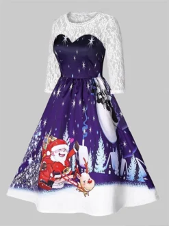Women's Casual Dress Christmas Dress Winter Dress Snowman Snowflake Lace Patchwork Crew Neck Midi Dress Fashion Classic Outdoor Christmas Long Sleeve Regular Fit Blue Fall Winter S M L XL XXL