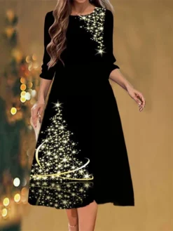 Women's Christmas Casual Dress Shift Dress Midi Dress Black 3/4 Length Sleeve Tree Ruched Winter Fall Autumn Fashion Daily 2022 S M L XL XXL 3XL