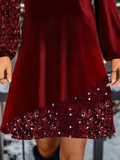 Women's Christmas Dress Velvet Dress Casual Dress Mini Dress Patchwork Cold Shoulder Christmas Street Vacation Fashion Streetwear V Neck Long Sleeve 2023 Regular Fit Wine Color S M L XL XXL Size -Fashion Life Shop stvpls1696758712342