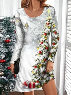 Women's Casual Dress Christmas Dress T Shirt Dress Tee Dress Santa Claus Christmas Tree Print V Neck Mini Dress Fashion Streetwear Outdoor Christmas Long Sleeve Loose Fit White Red Burgundy Fall