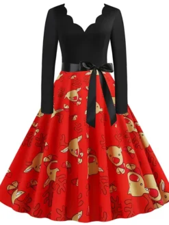 Women's Christmas Swing Dress Vintage DressKnee Length Dress Green Blue Wine Light Red Dark Green Red Long Sleeve Floral Snowman Tree Bow Print Fall Winter V Neck Vintage Fashion Casual 2022 S M L -Fashion Life Shop sucivc1663152096121