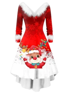 Women's Christmas Swing Dress Vintage Dress Midi Dress Green Silver Wine Red Brown White Long Sleeve Print Plus High Low Print Winter Fall V Neck Vintage Romantic Traditional 2022 S M L XL 2XL -Fashion Life Shop svzotj1666768627253