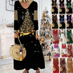 Women's Christmas Casual Dress Shift DressMaxi Long Dress Purple Wine Red Brown White Long Sleeve Plaid Santa Claus Elk Print Fall Winter V Neck Vacation Casual 2022 S M L XL XXL 3XL 4XL 5XL 6XL