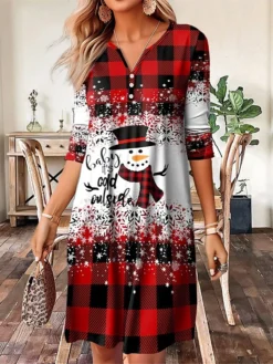Women's Casual Dress Christmas Dress Winter Dress Plaid Snowman Button Print Split Neck Mini Dress Fashion Streetwear Outdoor Christmas Long Sleeve Loose Fit Wine Blue Purple Fall Winter S M L XL XXL