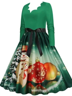Women's Christmas Party Dress Swing DressKnee Length Dress Green Purple Wine Red Black Long Sleeve Santa Claus Elk Snowman Print Fall Winter V Neck Vintage Party Elegant Party 2022 S M L XL XXL 3XL -Fashion Life Shop swwjxi1665475510544