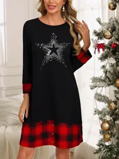 Women's Casual Dress Plaid Dress Winter Dress Heart Letter Patchwork Button Crew Neck Midi Dress Active Fashion Outdoor Christmas Long Sleeve Loose Fit Black And White Black White Fall Winter S M L -Fashion Life Shop szefct1697192211230