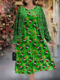 Women's Christmas Plus Size Curve Christmas Dress Party Dress Sequin Dress Graphic Midi Dress Long Sleeve Print Crew Neck Fashion Outdoor Green Fall Winter L XL XXL 3XL 4XL