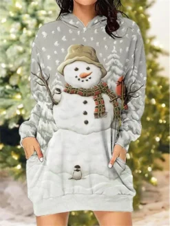 Women's Christmas Dress Hoodie Dress Mini Dress Warm Fashion Outdoor Christmas Vacation Hoodie Pocket Print Snowman Christmas Bell Regular Fit Wine Red Blue S M L XL XXL -Fashion Life Shop tabmpr1697542152782