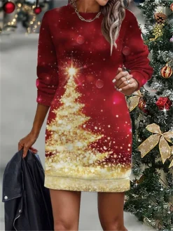 Women's Christmas Dress Casual Dress Mini Dress Warm Fashion Outdoor Christmas Vacation Crew Neck Print Christmas Tree Regular Fit Wine Red Gold S M L XL XXL -Fashion Life Shop tazodn1697108746940