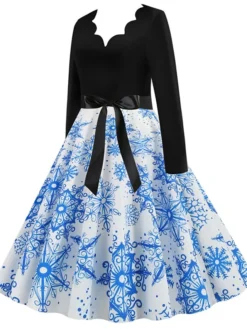 Women's Christmas Swing Dress Vintage DressKnee Length Dress Green Blue Wine Light Red Dark Green Red Long Sleeve Floral Snowman Tree Bow Print Fall Winter V Neck Vintage Fashion Casual 2022 S M L -Fashion Life Shop tbmtwa1663152093885