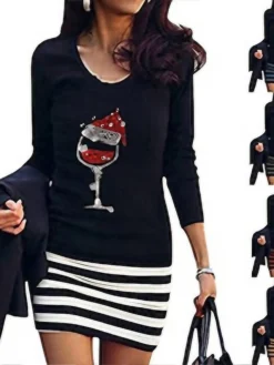 Women's Christmas Casual DressMini Dress Blue Yellow Dark Gray White Black Long Sleeve Striped Print Hat Print Fall Winter Crew Neck Casual Mature Loose Fit 2022 S M