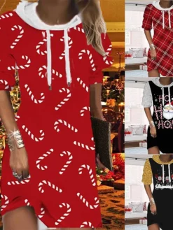 Women's Christmas Hoodie Dress Shift Dress Mini Dress Black Gold Wine Long Sleeve Plaid Print Fall Spring Hooded Fashion Christmas Daily Loose Fit 2022 S M L XL XXL 3XL