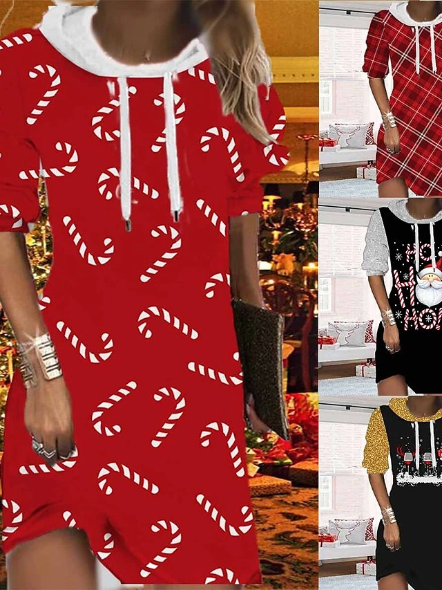 Women's Christmas Hoodie Dress Shift Dress Mini Dress Black Gold Wine Long Sleeve Plaid Print Fall Spring Hooded Fashion Christmas Daily Loose Fit 2022 S M L XL XXL 3XL 1 Women's Christmas Hoodie Dress Shift Dress Mini Dress Black Gold Wine Long Sleeve Plaid Print Fall Spring Hooded Fashion Christmas Daily Loose Fit 2022 S M L XL XXL 3XL