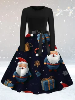Women's Casual Dress Christmas Dress Sheath Dress Santa Claus Christmas Tree Lace Up Print Crew Neck Midi Dress Active Fashion Outdoor Christmas Long Sleeve Loose Fit Light Yellow Yellow Red Fall S M -Fashion Life Shop tcokmp1694764289361