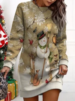 Women's Christmas Casual Dress Sweatshirt Dress Mini Dress Warm Fashion OutdoorVacation Crew Neck Print Snowman Loose Fit Black Yellow Blue S M L XL XXL -Fashion Life Shop tcyzfg1695365424953