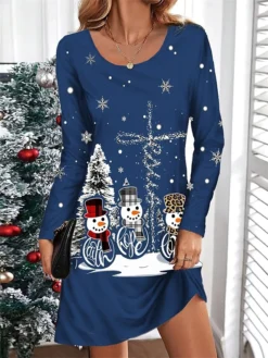 Women's Casual Dress Christmas Dress T Shirt Dress Tee Dress Snowman Christmas Tree Print V Neck Mini Dress Fashion Streetwear Outdoor Christmas Long Sleeve Loose Fit Black Wine Navy Blue Fall Winter -Fashion Life Shop tdeueq1695382621294