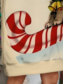 Women's Christmas Dress Hoodie Dress Mini Dress Warm Fashion Outdoor Christmas Holiday Hoodie Print Cat Loose Fit Khaki S M L XL XXL -Fashion Life Shop tdiqtp1697633901098