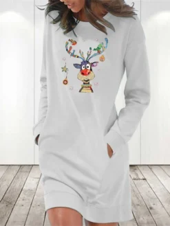 Women‘s Christmas Hoodie Dress Winter Dress Light Blue Grey White Long Sleeve Elk Snowflake Pocket Print Winter Fall Crew Neck Stylish Casual 2022 S M L XL 2XL / Cotton -Fashion Life Shop tesbgi1666676644286