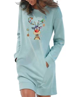Women‘s Christmas Hoodie Dress Winter Dress Light Blue Grey White Long Sleeve Elk Snowflake Pocket Print Winter Fall Crew Neck Stylish Casual 2022 S M L XL 2XL / Cotton -Fashion Life Shop tevuuh1666676644579