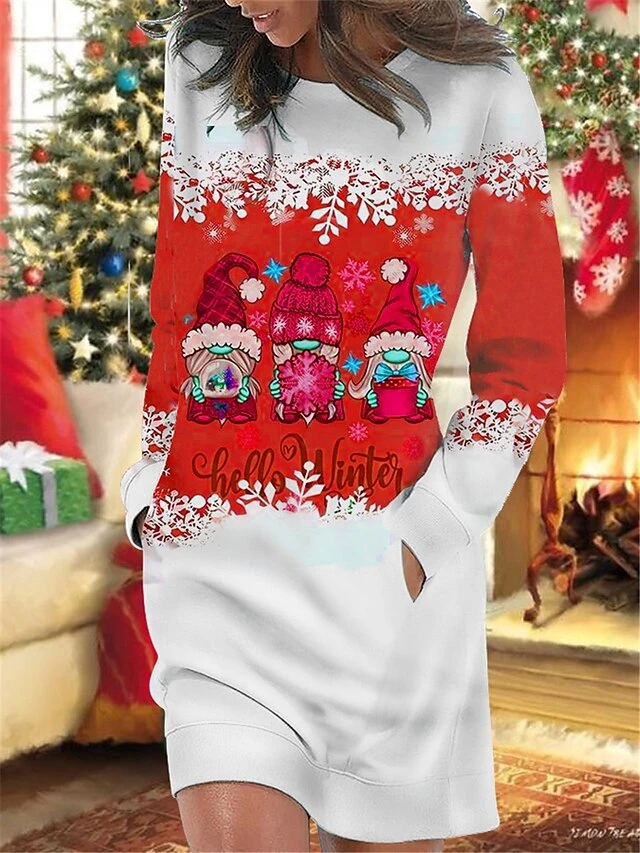 Women's Christmas Casual Dress Sweatshirt Dress Mini Dress Warm Fashion OutdoorHoliday Crew Neck Pocket Print Santa Claus Snowflake Loose Fit Burgundy Blue Green S M L XL XXL 2 Women's Christmas Casual Dress Sweatshirt Dress Mini Dress Warm Fashion OutdoorHoliday Crew Neck Pocket Print Santa Claus Snowflake Loose Fit Burgundy Blue Green S M L XL XXL - Image 2