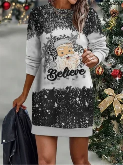 Women's Christmas Dress Casual Dress Mini Dress Warm Fashion Outdoor Christmas Vacation Crew Neck Print Santa Claus Regular Fit Pink Khaki Gray S M L XL XXL -Fashion Life Shop tfjaqv1697109326362