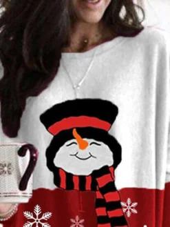 Women's Christmas Casual Dress T Shirt Dress Tee Dress Shift Dress Mini Dress Wine Long Sleeve Snowman Pocket Winter Fall Autumn Crew Neck Vacation Loose Fit 2022 S M L XL XXL 3XL / Print -Fashion Life Shop tgfmwb1667212066386