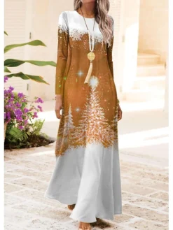 Women's Casual Dress Christmas Dress Swing Dress Christmas Tree Print Crew Neck Long Dress Maxi Dress Fashion Streetwear Outdoor Christmas Long Sleeve Regular Fit Yellow Red Blue Fall Winter S M L XL -Fashion Life Shop tgicri1697531460525