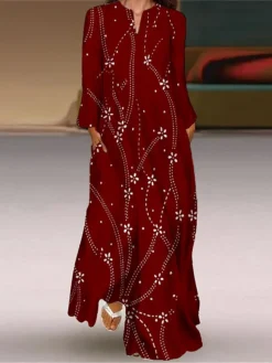 Women's Casual Dress Christmas Dress Winter Dress Snowflake Pocket Print Split Neck Long Dress Maxi Dress Fashion Streetwear Outdoor Christmas Long Sleeve Loose Fit Black Wine Blue Fall Winter S M L