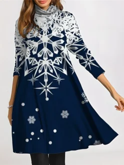 Women's Casual Dress Christmas Dress Winter Dress Snowflake Print Turtleneck Mini Dress Fashion Modern Outdoor Christmas Long Sleeve Regular Fit Navy Blue Fall Winter S M L XL XXL