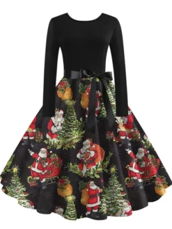 Women's Christmas Vintage DressKnee Length Dress Green Black Dark Blue Red Long Sleeve Geometric Tree Print Print Fall Winter Crew Neck Vintage Elegant 2022 S M L XL XXL 3XL -Fashion Life Shop thwdhx1663151840314