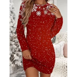 Women's Christmas T Shirt Dress Tee Dress Bodycon Mini Dress Wine White Long Sleeve Snowman Snowflake Print Winter Fall Crew Neck Vacation Casual Fall Dress Loose Fit 2022 S M L XL XXL 3XL 4XL 5XL 6XL -Fashion Life Shop thyzys1668221332876