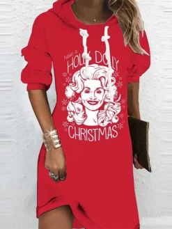Women's Christmas Hoodie Dress Shift Dress Mini Dress Red Long Sleeve Letter Print Winter Fall Autumn Hooded Fashion Christmas Daily 2022 S M L XL XXL 3XL
