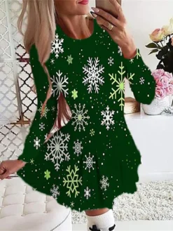 Women's Christmas Swing DressShort Mini Dress Green Wine Fuchsia Red Black Long Sleeve Elk Snowman Snowflake Pleated Print Fall Winter Crew Neck Stylish Romantic 2022 S M L XL 2XL -Fashion Life Shop tiomru1665307948826