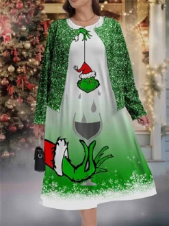 Women's Christmas Plus Size Curve Casual Dress Dress Set Two Piece Dress Gradient Snowflake Midi Dress Long Sleeve Print Crew Neck Fashion Outdoor Green Fall Winter L XL XXL 3XL 4XL