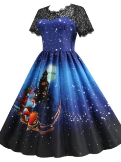 Women's Christmas Knee Length Dress Blue Purple Wine Green Black Red Short Sleeve Print Lace Print Fall Winter Round Neck CasualRegular Fit 2021 S M L XL XXL 3XL -Fashion Life Shop tloown1632737571473