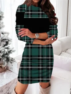 Women's Christmas Casual Dress Bodycon Sheath Dress Mini Dress Wine Dark Green Red Long Sleeve Plaid Print Winter Fall Autumn Crew Neck Loose Fit 2022 S M L XL XXL 3XL 4XL 5XL 6XL