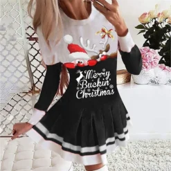 Women's Christmas Swing Dress Blue Red Black Long Sleeve Letter Santa Claus Elk Pleated Print Winter Fall Crew Neck Stylish Romantic Fall Dress Loose Fit 2022 S M L XL XXL / Winter Dress -Fashion Life Shop tmcped1665745382681