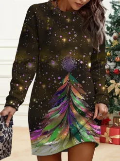 Women's Christmas Casual Dress Sweatshirt Dress Mini Dress Warm Fashion OutdoorVacation Crew Neck PrintTree Loose Fit Black Blue Green S M L XL XXL -Fashion Life Shop tmdfen1695621420099
