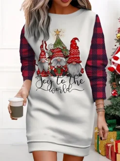 Women's Christmas Casual Dress Sweatshirt Dress Mini Dress Warm Fashion Outdoor Vacation Crew Neck Print Santa Claus Christmas Tree Loose Fit ArmyGreen Wine Rusty Red S M L XL XXL -Fashion Life Shop tmiqtq1695365437928