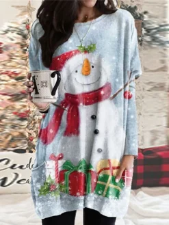 Women's Christmas Casual Dress T Shirt Dress Tee Dress Shift Dress Mini Dress Green Blue Wine Long Sleeve Snowman Pocket Winter Fall Autumn Crew Neck Vacation Loose Fit 2022 S M L XL XXL 3XL / Print -Fashion Life Shop tncldo1667212154087