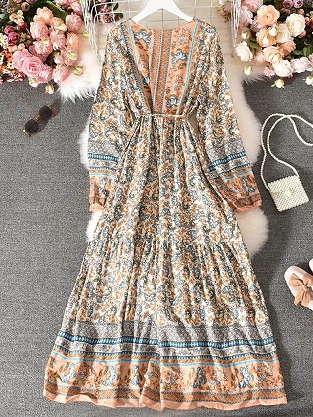 Women's Casual Dress Winter Dress Ethnic Dress Floral Tribal Lace Up Ruched Crew Neck Puff Sleeve Midi Dress Fashion Ethnic Outdoor Christmas Long Sleeve Loose Fit Red Khaki Dark Blue Fall Winter 2 Women's Casual Dress Winter Dress Ethnic Dress Floral Tribal Lace Up Ruched Crew Neck Puff Sleeve Midi Dress Fashion Ethnic Outdoor Christmas Long Sleeve Loose Fit Red Khaki Dark Blue Fall Winter - Image 2