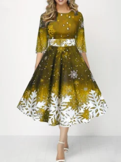 Women's Retro 1950s Skater Dress Midi Dress Party Christmas Print Snowflake Crew Neck 3/4 Length Sleeve 2023 Black Yellow S M L XL -Fashion Life Shop tnhdmj1696846063821
