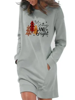 Women‘s Christmas Hoodie Dress Winter Dress Light Blue Grey White Long Sleeve Letter Tree Snowflake Pocket Print Winter Fall Crew Neck Stylish Casual Fall Dress Loose Fit 2022 S M L XL 2XL -Fashion Life Shop tnwkeg1666430319068