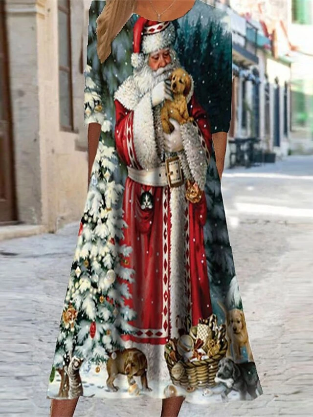 Women's Christmas Casual Dress Swing DressMidi Dress Blue Royal Blue Red Long Sleeve Santa Claus Snowflake Pocket Print Fall Winter Round Neck Vacation Casual 2022 S M L XL XXL 3XL 3 Women's Christmas Casual Dress Swing DressMidi Dress Blue Royal Blue Red Long Sleeve Santa Claus Snowflake Pocket Print Fall Winter Round Neck Vacation Casual 2022 S M L XL XXL 3XL - Image 3