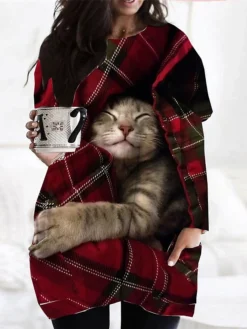 Women‘s Plus Size Christmas Dress Casual Dress Plaid Long Sleeve Winter Fall Casual Festival Mini Dress Going Out Dress