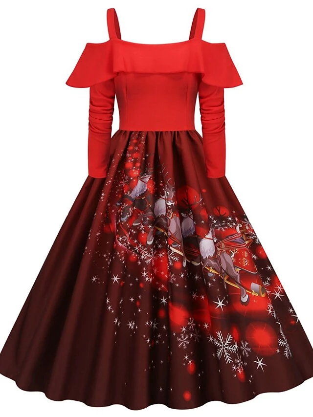 Women's Christmas Vintage DressKnee Length Dress Wine Light Red Red White Black Long Sleeve Santa Claus Elk Snowman Cold Shoulder Print Fall Winter Spaghetti Strap Vacation Vintage 2022 5 Women's Christmas Vintage DressKnee Length Dress Wine Light Red Red White Black Long Sleeve Santa Claus Elk Snowman Cold Shoulder Print Fall Winter Spaghetti Strap Vacation Vintage 2022 - Image 5