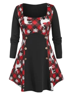 Women's Christmas Swing Dress Print Dress Mini Dress Black Long Sleeve Print Button Print Winter Fall Square Neck Fashion Casual RomanticFall Dress 2022 S M L XL 2XL / Winter Dress