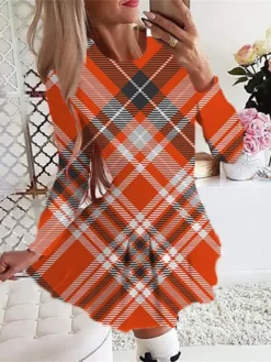 Women's Christmas Swing DressShort Mini DressShort Mini Dress Light Yellow Purple Dark Blue Orange Red Long Sleeve Plaid Snowman Tree Pleated Print Fall Winter Crew Neck Stylish Romantic -Fashion Life Shop tplmqp1665307937584